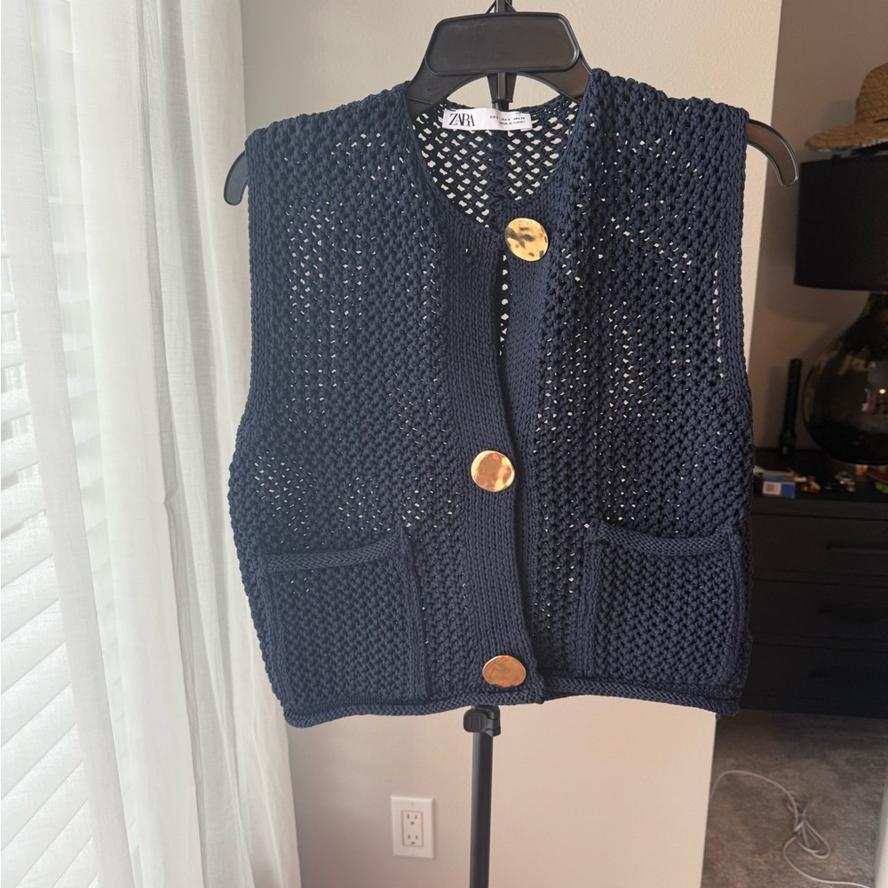 Zara Dark Blue Knit Vest with Metallic Buttons